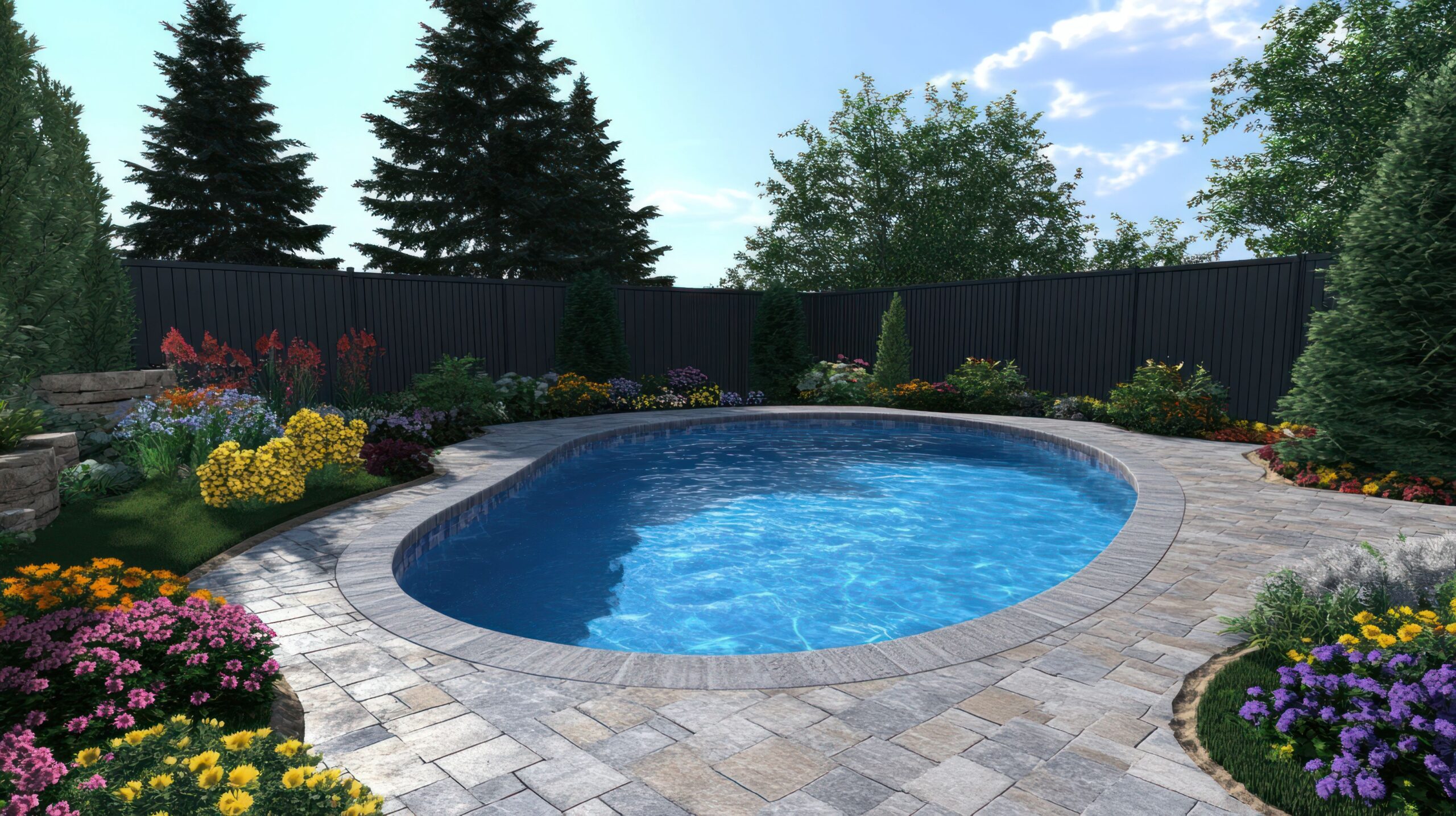 Stahlwandpool Oval im Garten mit Steinumrandung und bunter Bepflanzung bei Sonnenschein