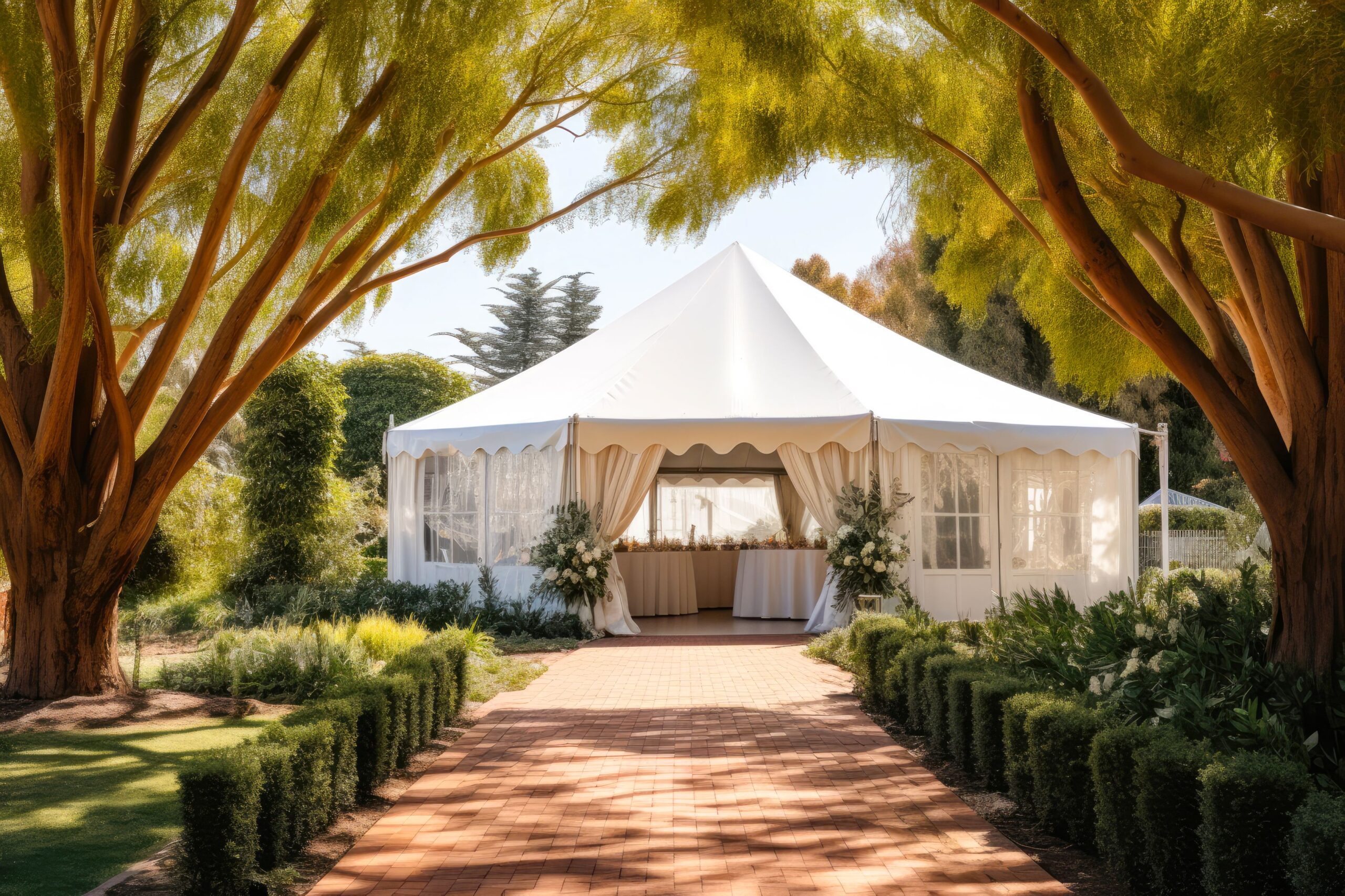 Großer weißer Pavillon im Garten, eingebettet in symmetrische Wegeführung und umrahmt von Bäumen und Hecken