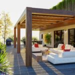 moderne terrasse mit pergola und gartenlounge fuer mehr wohnkomfort