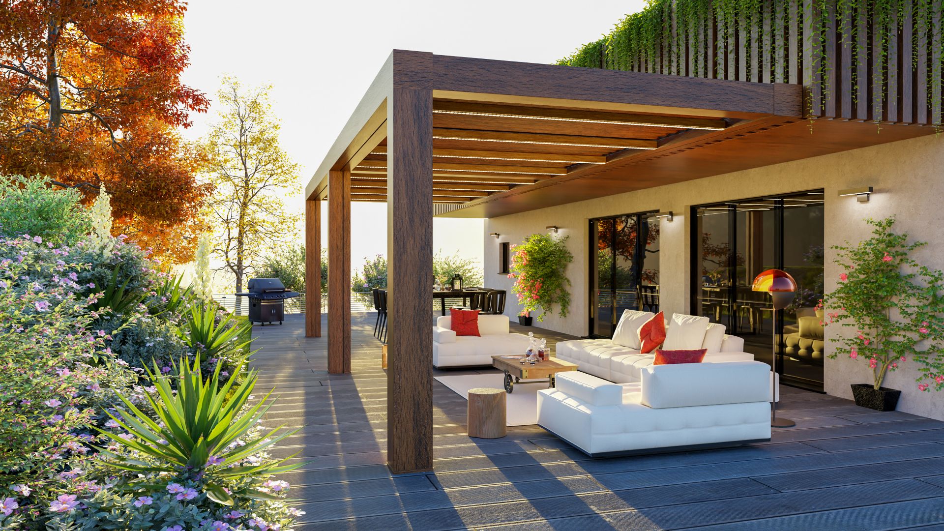 moderne terrasse mit pergola und gartenlounge fuer mehr wohnkomfort